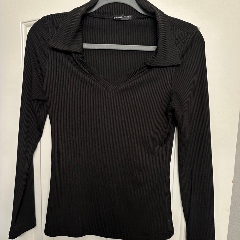 SHEIN Black ribbed Fitted Shirt with Collar
